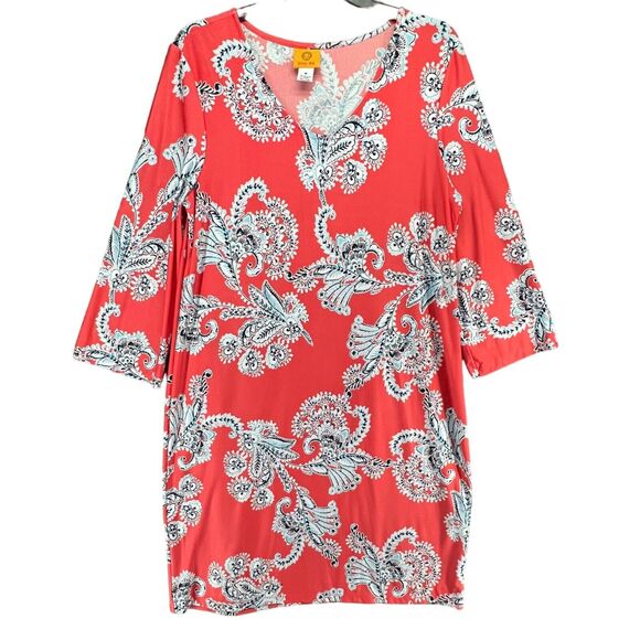 Ruby Rd Shift Dress M Orange Floral Paisley 3/4 Relaxed Stretch Boho Colorful - Picture 1 of 13